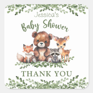 WOODLAND ANIMALS WATERCOLOR BABY SHOWER THANK YOU SQUARE STICKER