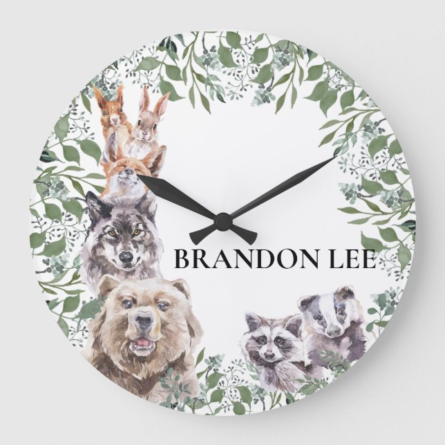 Woodland Animals Watercolor monogram Child Room Large Clock (Front)