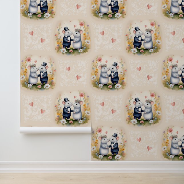 Woodland Animals Wedding Love Mice Floral  Wallpaper (Application)