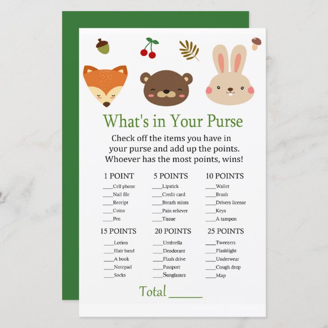 Woodland animals What's in your purse game (Front/Back)
