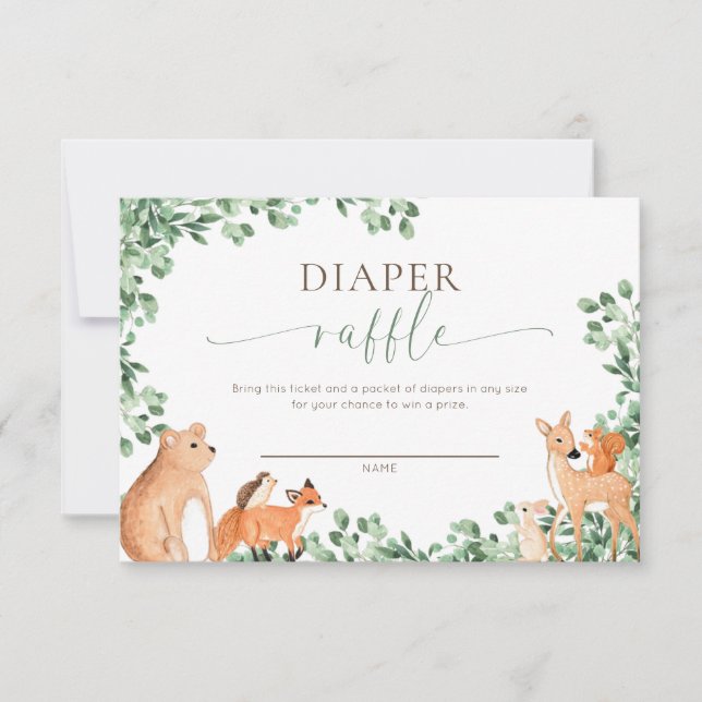 Woodland Animals White Diaper Raffle Ticket Card (Front)