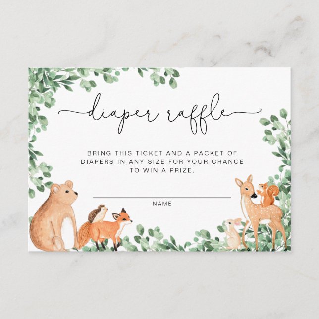 Woodland Animals White Diaper Raffle Ticket Enclosure Card (Front)