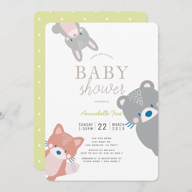 Woodland Animals White Gender Neutral Baby Shower Invitation (Front/Back)