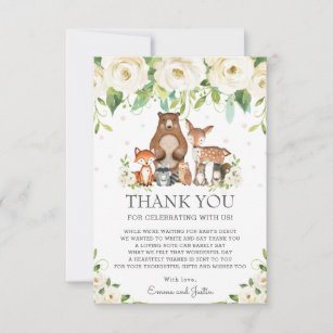 Woodland Animals White Ivory Floral Baby Shower Thank You Card