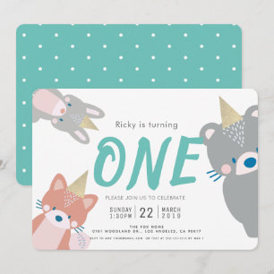 Woodland Animals White Teal Boy 1st Birthday Invitation