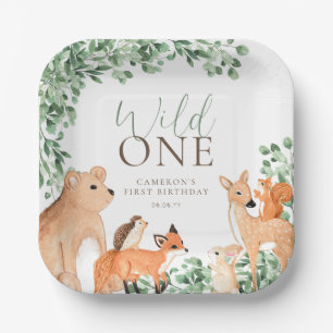 Woodland Animals White Wild One First Birthday Paper Plate