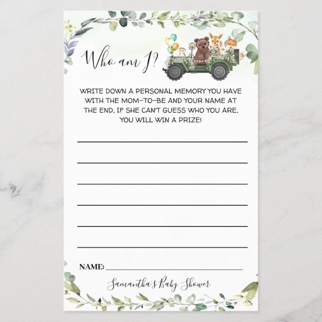 Woodland Animals Who am I Baby Shower Game Card (Front)
