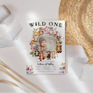 Woodland Animals Wild One, 1St Birthday w Photo  Invitation