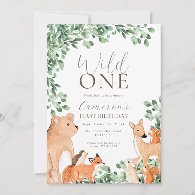 Woodland Animals Wild One First Birthday Invitation (Front)