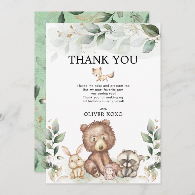 Woodland Animals Wild One Greenery Gold Birthday Thank You Card (Front/Back)