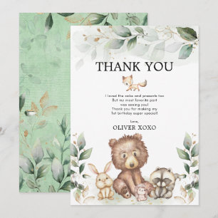 Woodland Animals Wild One Greenery Gold Birthday Thank You Card