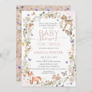 Woodland Animals Wildflower Twins Baby Shower Invitation