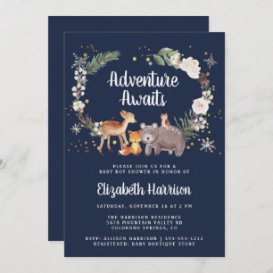 Woodland Animals Winter Blue Baby Shower Invitation