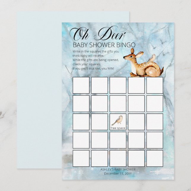 Woodland Animals Winter Boy Baby Shower Bingo Card (Front/Back)