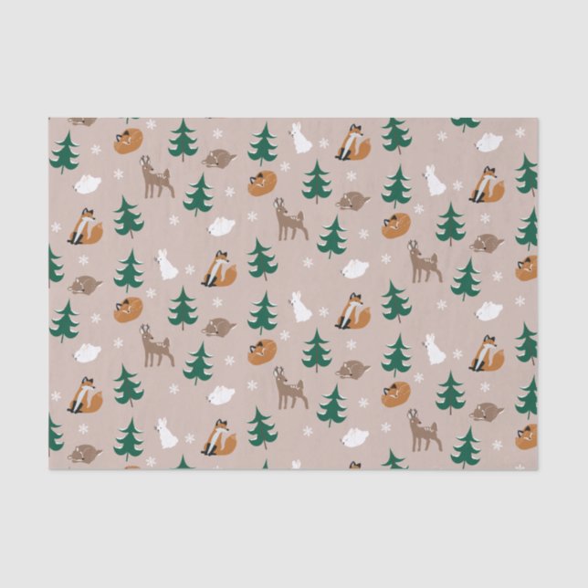 Woodland Animals Winter Pattern Pine Trees Snow Tissue Paper (Front)