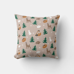 Woodland Animals Winter Pine Trees Snowflakes Cushion