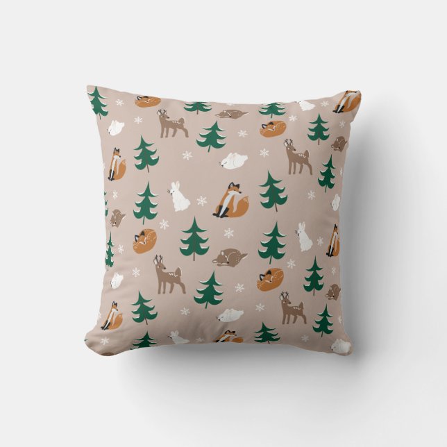 Woodland Animals Winter Pine Trees Snowflakes Cushion (Front)