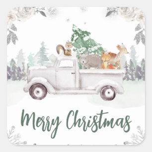 Woodland Animals Winter Truck Christmas Square Sticker