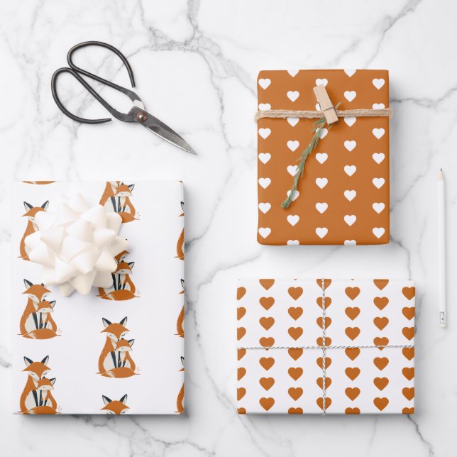 Woodland Animals with Heart Pattern Wrapping Paper Sheet (Front)