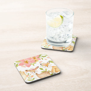 Woodland Animals with Pink Florals Forest  Coaster
