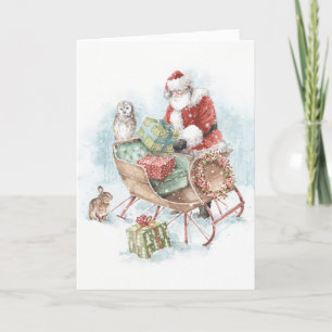 Woodland Animals with Santa Claus and His Sleigh Holiday Card
