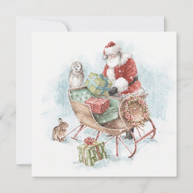 Woodland Animals with Santa Claus and His Sleigh Holiday Card (Front)