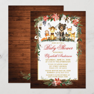 Woodland Animals Wood Holiday Gold Baby Shower Invitation