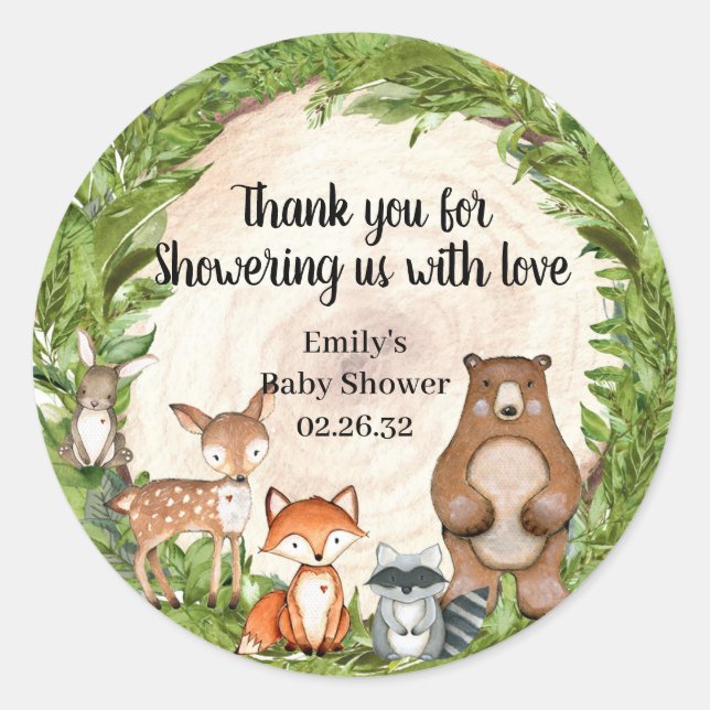 Woodland animals wood log slice greenery baby classic round sticker (Front)
