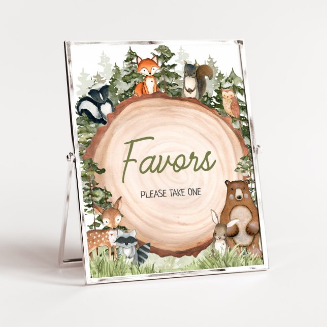 Woodland Animals Wood Slice Favours Poster (Boy Woodland Animals Baby Shower Favors Sign)