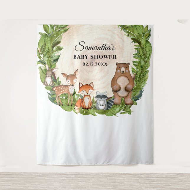 Woodland animals wooden slice baby shower tapestry (Front)