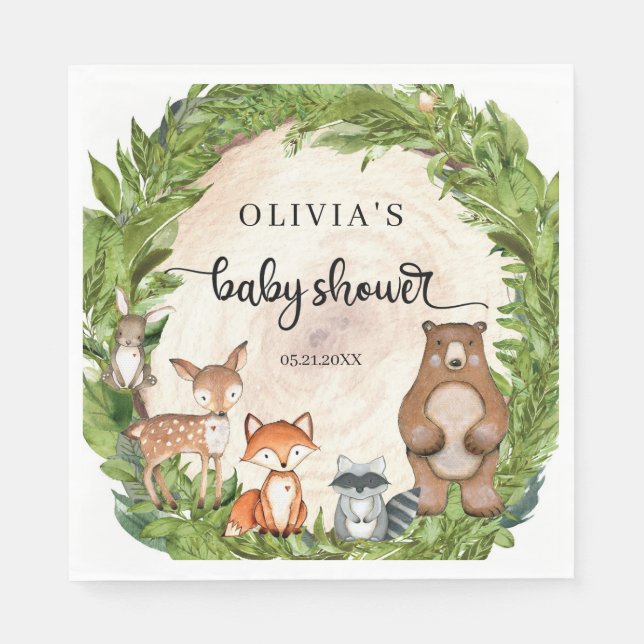Woodland animals wooden slice greenery Baby Shower Napkin (Front)