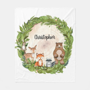 Woodland animals wooden slice log greenery fleece blanket