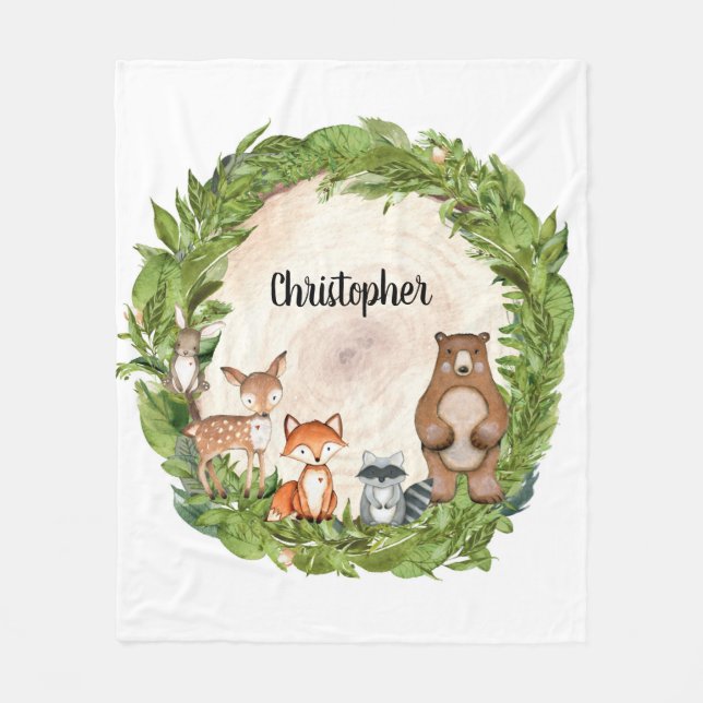 Woodland animals wooden slice log greenery fleece blanket (Front)