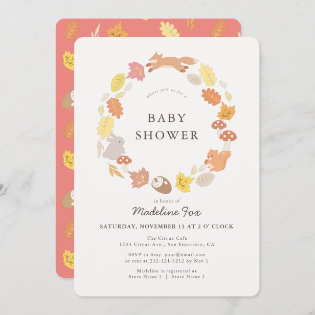 Woodland Animals Wreath Baby Shower Invitation (Front/Back)