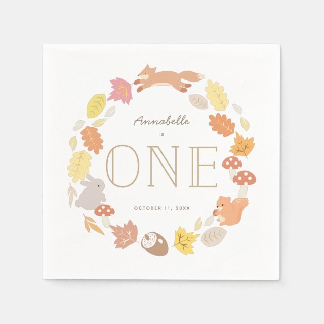 Woodland Animals Wreath Fall 1st Birthday Napkin (Front)