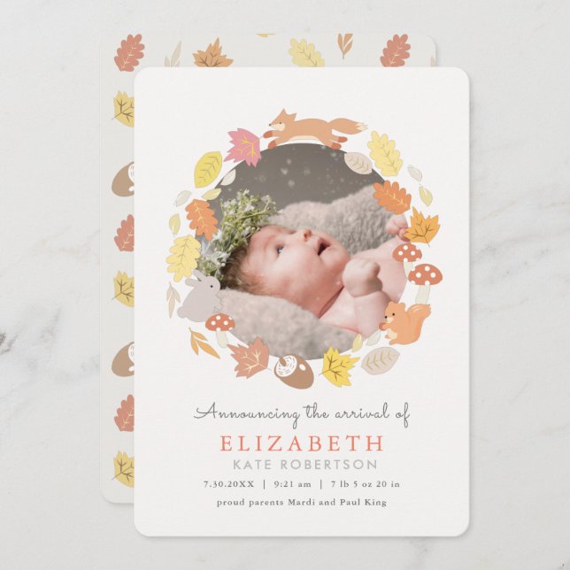 Woodland Animals Wreath Photo Birth Announcement (Front/Back)