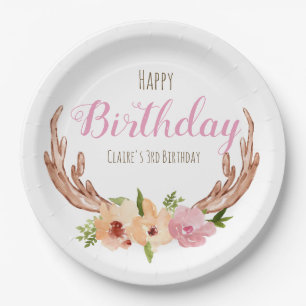 Woodland antler floral kid birthday paper plate