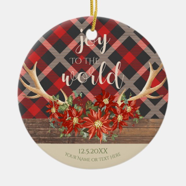 Woodland Antlers Poinsettias and Red Plaid Ceramic Ornament (Front)