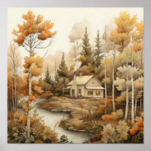 Woodland Art Cosy Cabin Woods Painting Poster