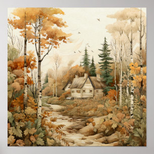 Woodland Art Cosy Cabin Woods Painting Poster