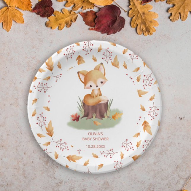 Woodland Autumn Baby Fox Baby Shower Paper Plate (Creator Uploaded)