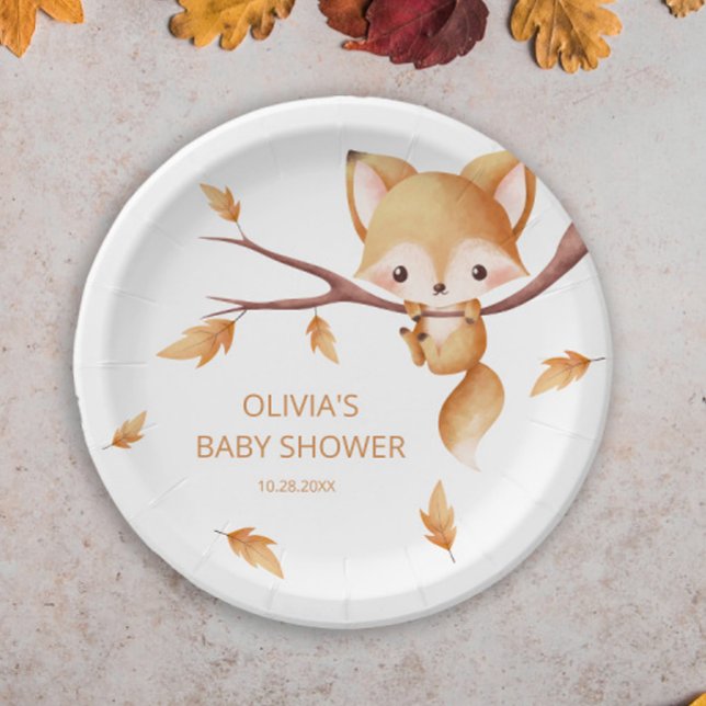 Woodland Autumn Baby Fox Baby Shower Paper Plate (Creator Uploaded)