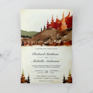 Woodland Autumn Forest Mountain QR Code Wedding Invitation
