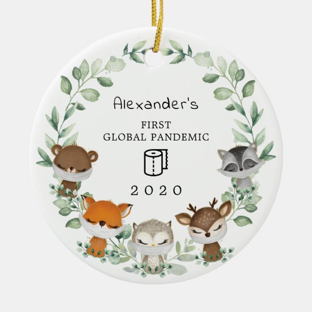 Woodland Baby 1st First Christmas Global Pandemic Ceramic Ornament (Front)