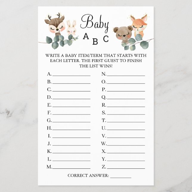 Woodland Baby ABC shower game card (Front)