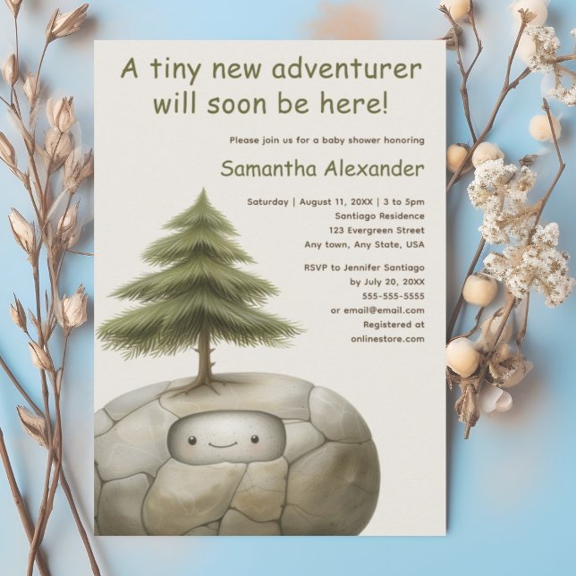 Woodland baby adventurer baby shower invitation (Woodland Adventure baby shower invitation.  Cute baby peeking from rock.)