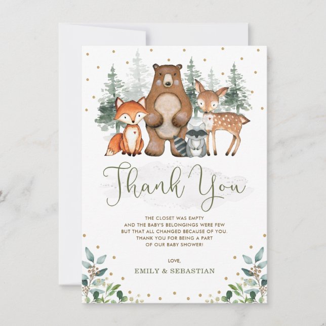 Woodland Baby Animals Greenery Gold Pine Trees Thank You Card (Front)