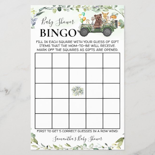 Woodland Baby Animals Shower Bingo Game Card (Front)