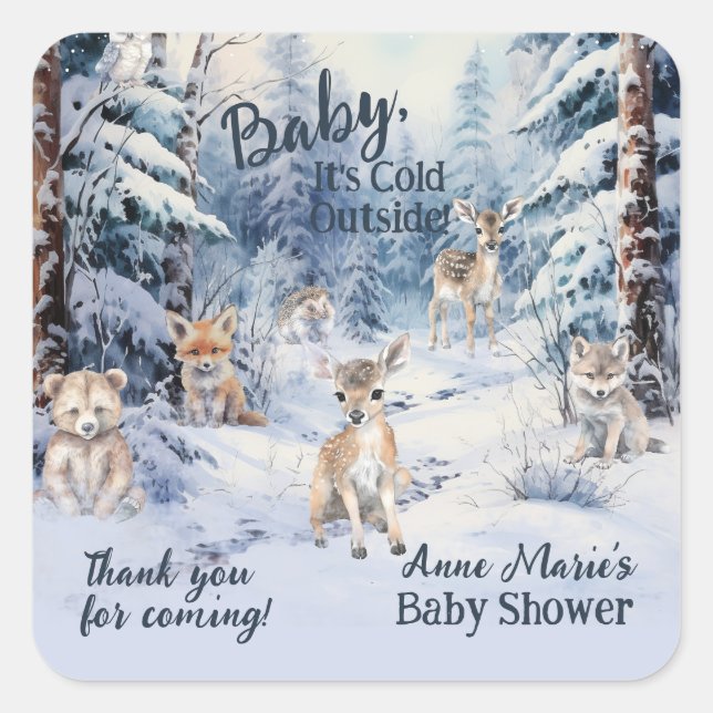 Woodland Baby Animals Winter Boy Baby Shower Square Sticker (Front)