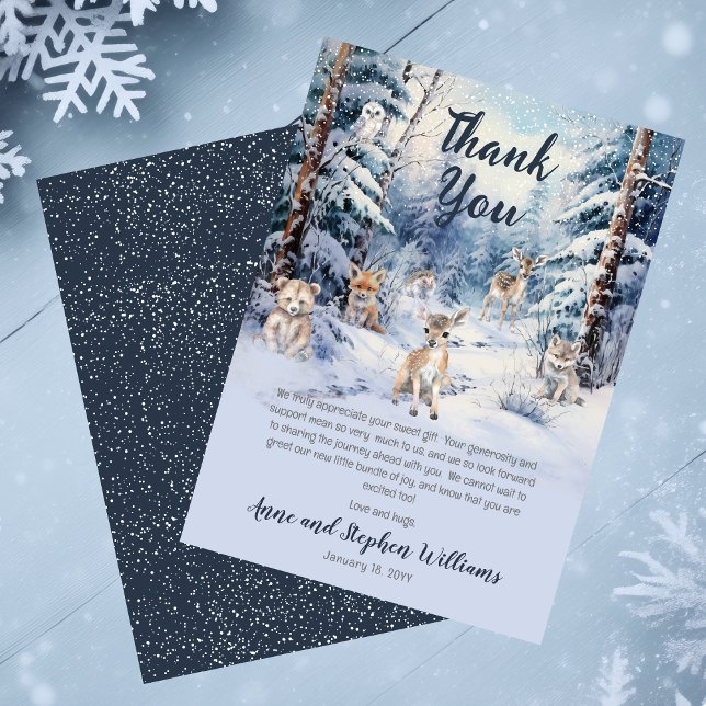 Woodland Baby Animals Winter Boy Baby Shower Thank You Card (Blue Rustic Woodland Animals Baby It's Cold Outside Boy Baby Shower | Sprinkle Thank You Card)